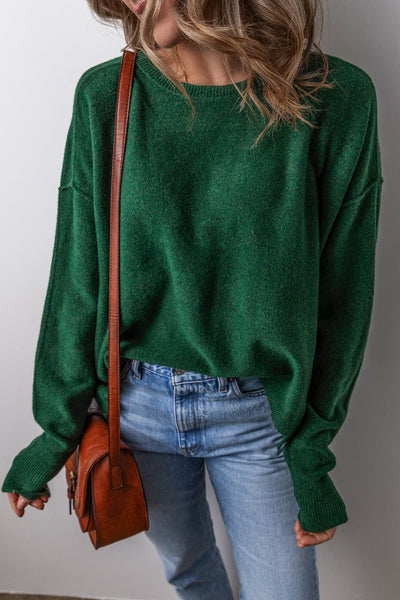Women's Cozy Blackish Green Loose-Fit Crew Neck Sweater with Drop Sleeves - Stylish Knitwear for Casual Wear