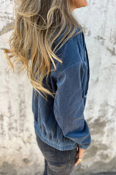 Women's Casual Real Teal Corduroy Hooded Zip-Up Jacket with Drawstring and Pockets for Everyday Comfort
