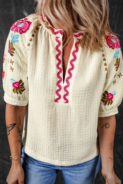 Chic Women's Beige Floral Embroidered Puff Sleeve Blouse with Textured Fabric and Ricrac Trim for Effortless Style