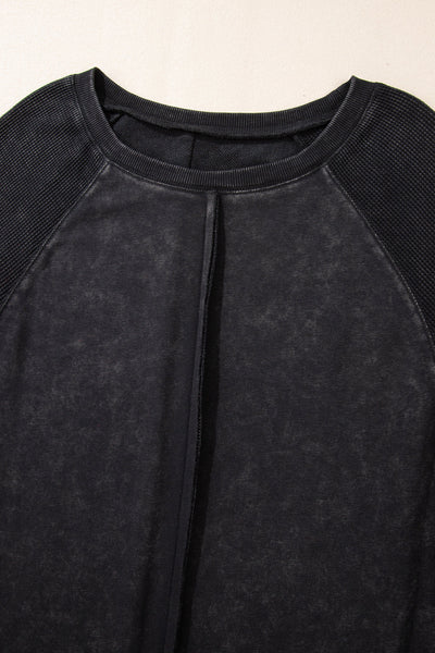 cozy women's black waffle knit raglan sweatshirt - trendy patchwork design for casual outings and everyday wear made for easy styling and wardrobe