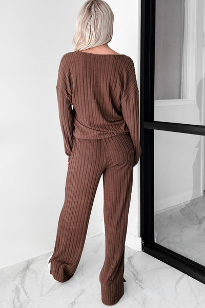 Women's Stylish Coffee Wide Rib Knit V-Neck Pullover and Loose Fit Pants Set - Cozy Loungewear for Relaxation
