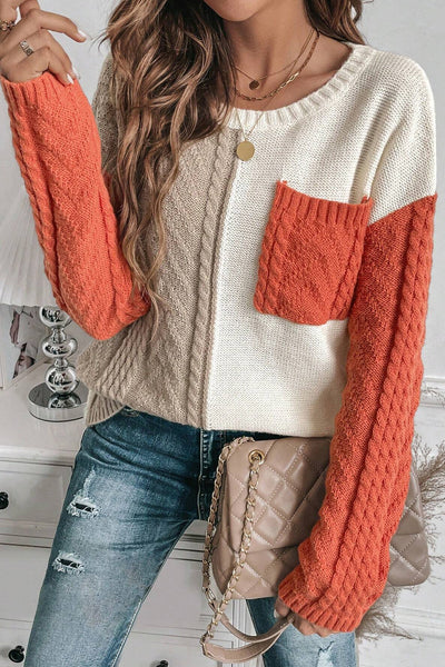 Cozy Women's Gold Flame Colorblock Drop Shoulder Sweater with Pockets Chic Casual Knitwear for Effortless Style