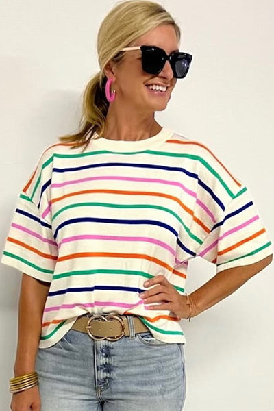 Beige Striped Short Sleeve Knitted Top for Women - Trendy Boxy Fit Tee for Effortless Casual Chic Style