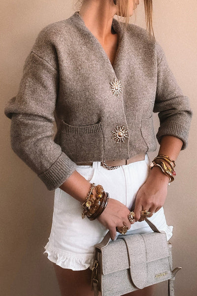 Stylish Women's Taupe V-Neck Cardigan Sweater with Metal Buttons - Comfortable Loose Fit for Every Occasion