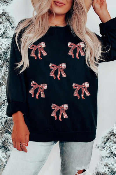Women's Black Sequin Bow Sweatshirt with Drop Shoulder Detail