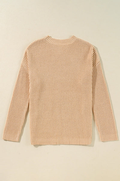 Cozy Women's Apricot Cable Knit Sweater with Drop Shoulders & Side Slits - Relaxed Fit for Effortless Fall Fashion