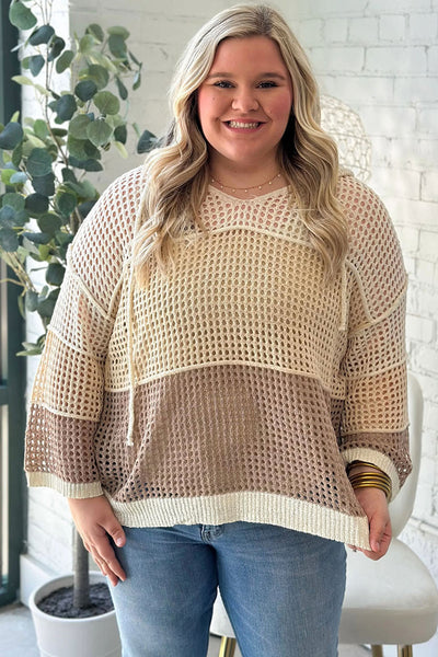 Plus Size Women's Cozy Colorblock Hooded Jumper in Parchment - Stylish Knit with Trendy Cutout Details