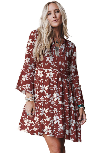 Women's Terracotta Boho Floral Mini Dress with Lettuce Trim