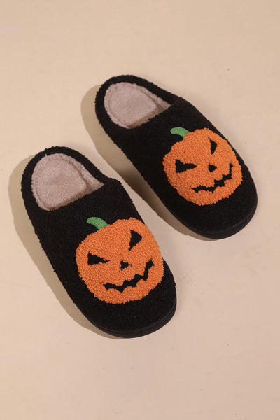 Women‚Äôs Cozy Black Pumpkin Print Plush Slippers Ideal for Halloween & Fall Comfort at Home