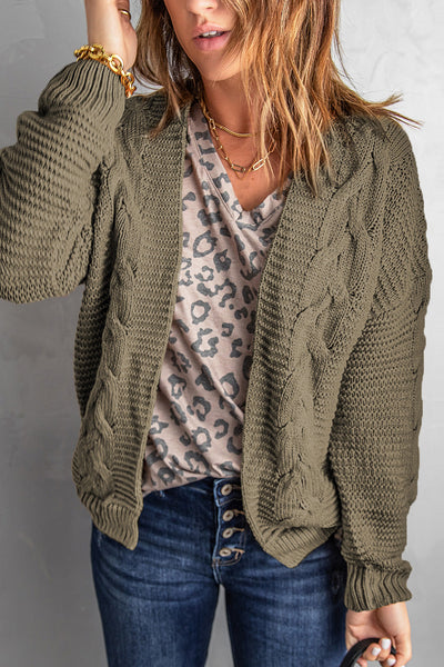 Cozy Olive Green Chunky Knit Cardigan for Women - Long Sleeve Open Front Sweater, Ideal for Stylish Layering