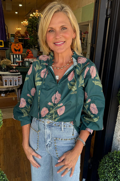 Women's Green Floral Print Blouse with Frilled Collar, Bracelet Sleeves, and Tie Neck Detail for a Chic Look