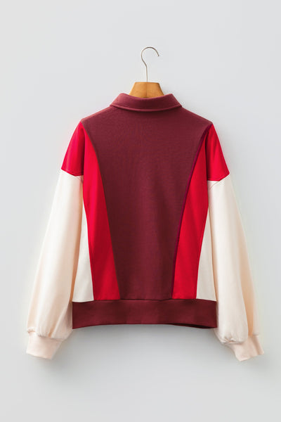 Women's Oversized Color Block Henley Sweatshirt in Crimson