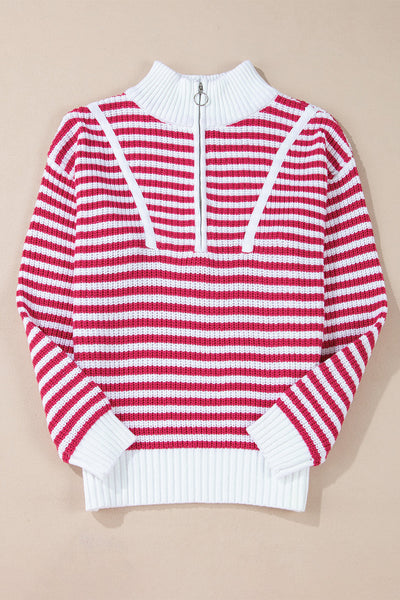 Women's Casual Chic Pink Stripe Zip-Up Sweater with Drop Shoulder Design for Effortless Style and Comfort made for easy styling and wardrobe