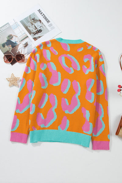 Women's Stylish Orange Leopard Colorblock Sweater - Cozy Knit Top with Ribbed Edges for Trendy Fall Fashion