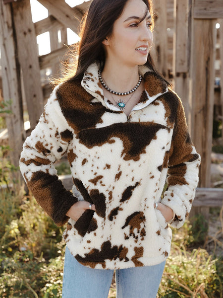 Women's Cow Print Zip Collar Fleece Sweatshirt