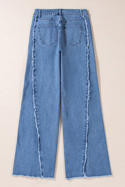 Beau Blue Women's Vintage Flared Jeans in Chic Raw Hem with Unique Stitching for Effortless Casual Style