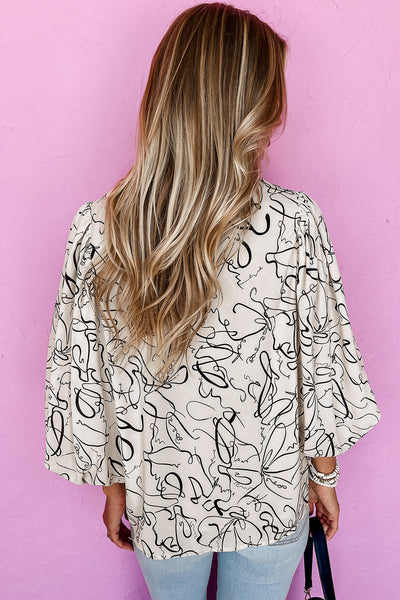 Chic Beige Abstract Print Blouse for Women - Balloon Sleeve Crew Neck Top for Effortless Style and Comfort