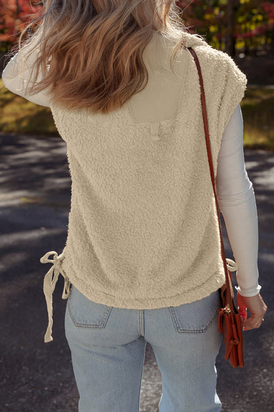 Chic Beige Faux Fur Vest for Women with Snap Front, Side Knot Detail, and Handy Pockets - Perfect for Stylish Layering