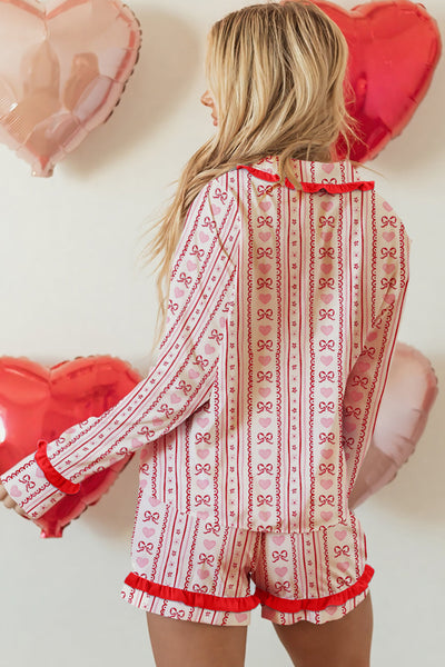 Women's Comfortable Red Floral Heart Print Long Sleeve Pajama Set with Bow Detail and Contrast Trim for Sleepwear