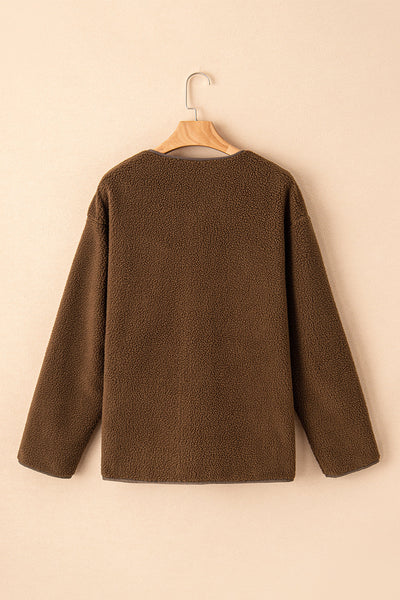Women's Coffee Brown Textured Teddy Coat with Toggle Closure