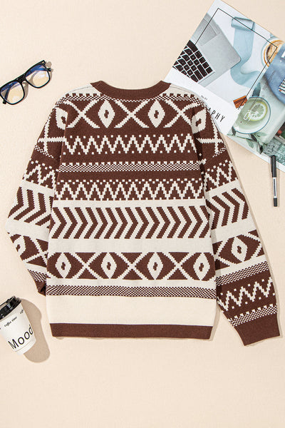 Women's Chestnut Brown Abstract Geometric Knit Pullover