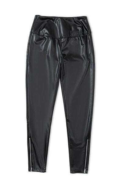 Stylish Women's Black Faux Leather Leggings with Zipper Accents - Ideal for Casual Outings or Nighttime Elegance