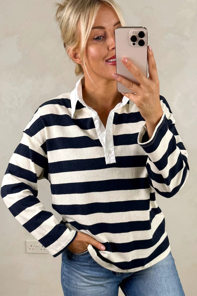 Stylish Women's Blue Stripe Long Sleeve Top with Collar and Patchwork Detail - Versatile Casual Elegance