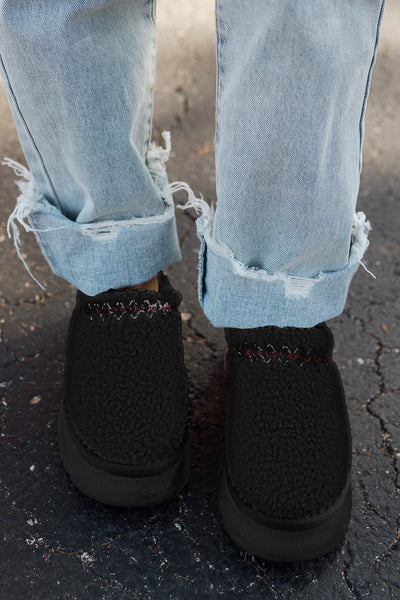 Women's Embroidered Black Sherpa Plush Snow Boots with Thick Sole for Cozy Comfort and Chic Winter Style