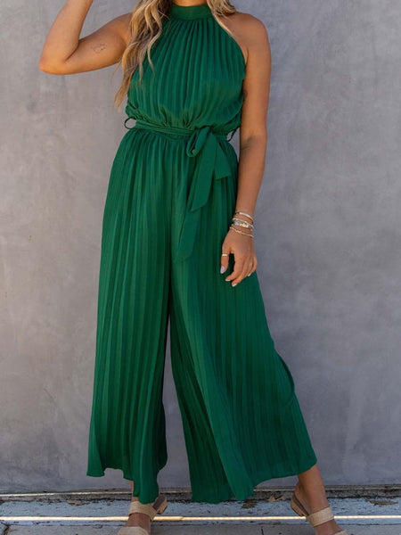 Solid Chic Sleeveless Slanted Shoulder Tie Waist Wide Leg Jumpsuit