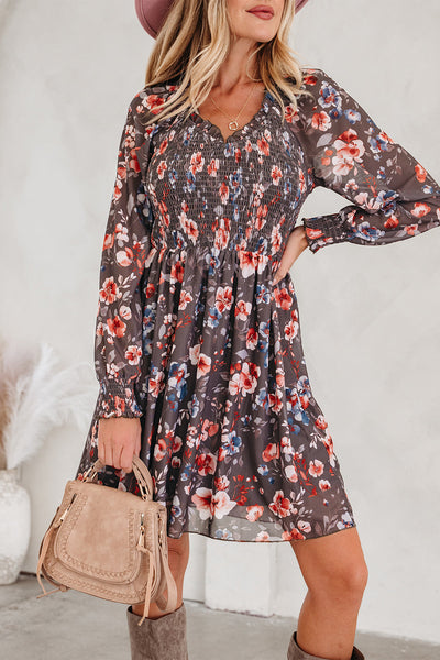 Women's Floral Smocked Bodice Mini Dress with Long Sheer Sleeves