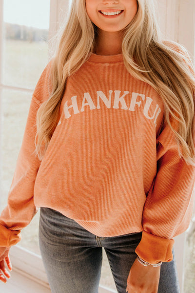 Women's Orange Corded \"Thankful\" Graphic Sweatshirt