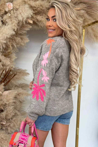 Women's Casual Chic Taupe Sweater with Embroidered Floral Sleeves - Loose Fit, Round Neck Design for Effortless Style