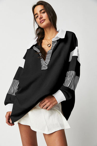 Trendy Women's Black Striped Colorblock Sweatshirt with Collar Stylish & Comfortable Casual Wear for Everyday Outfits