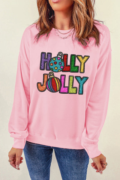 Women's Holly Jolly Pink Christmas Sweatshirt with Glitter Graphic