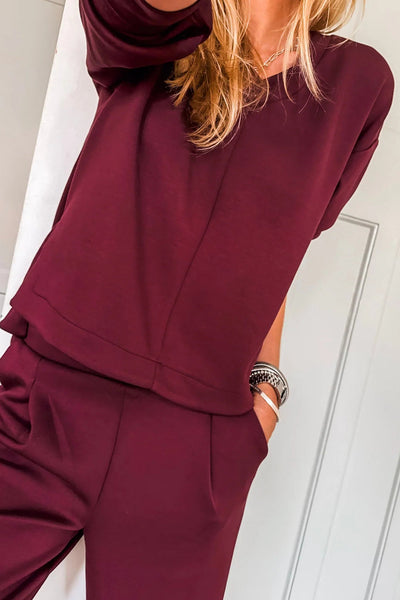 Women's Red Dahlia V-Neck Casual Tee and Pants Set - Chic, Comfortable Outfit for Effortless Everyday Style