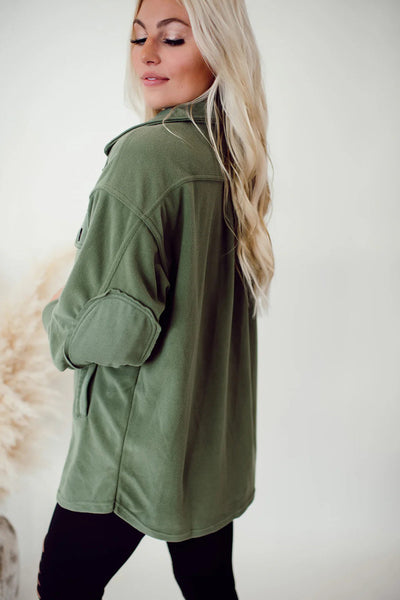Women's Cozy Smoke Green Fleece Shacket with Exposed Seams & Button Down, Trendy Patchwork Design for Ultimate Comfort