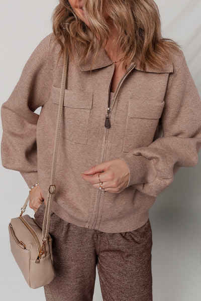 Stylish Women's Old Rose Short Cardigan with Zipper, Bubble Sleeves & Flap Pocket - Perfect for Any Occasion!