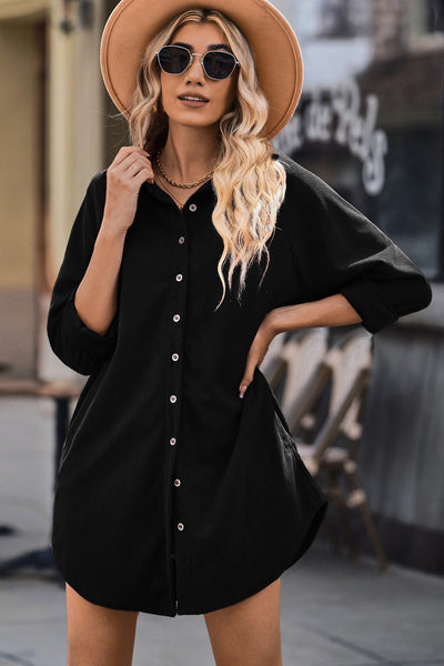 Stylish Women's Black Corduroy Midi Dress - Comfortable Long Sleeve Fit with Trendy Details for Effortless Elegance
