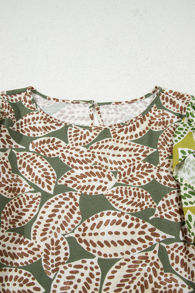 Women's Stylish Green Abstract Leaf Print Long Sleeve Blouse with Ruffle Trim - Trendy Top for Every Occasion
