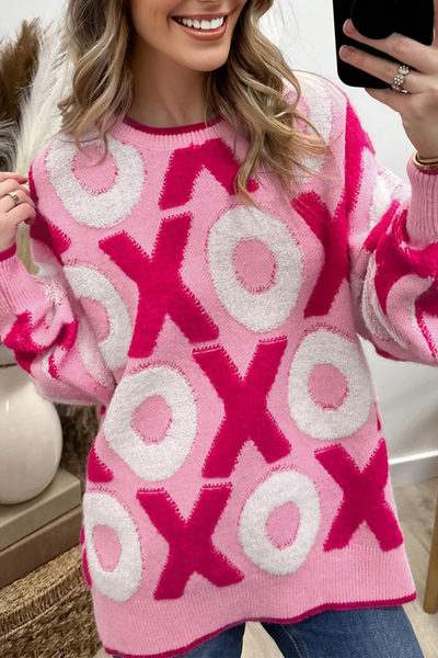 Cozy Women's Pink XOXO Crewneck Sweater - Casual Drop Shoulder Style, Perfect Valentine‚Äôs Day Gift for Her