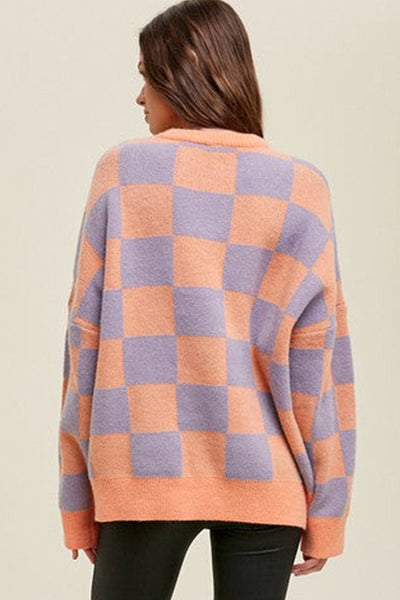 Cozy Baggy Fit Women's Grapefruit Orange Checkered Knit Sweater with Ribbed Trim for Effortless Casual Style