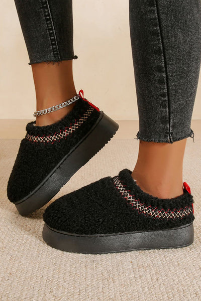 Women's Embroidered Black Sherpa Plush Snow Boots with Thick Sole for Cozy Comfort and Chic Winter Style