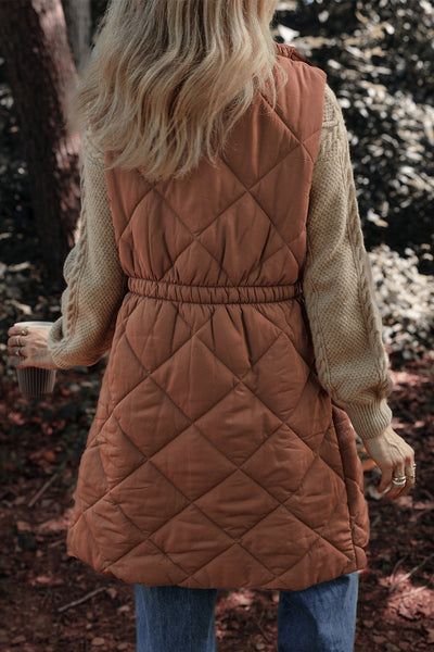 Women's Coffee Longline Quilted Puffer Vest with Stand Collar - Stylish and Warm Outerwear for Fall and Winter