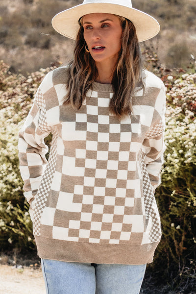 Cozy Women's Khaki Checkered Drop Shoulder Sweater - Casual Chic Round Neck Pullover for Effortless Style