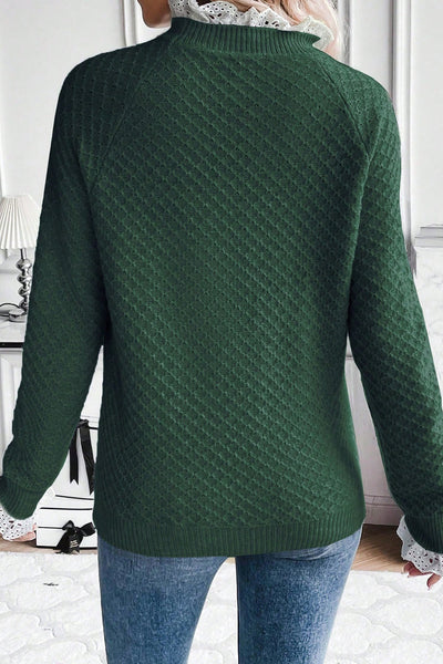 Women's Mist Green Lace Trim Raglan Sleeve Sweater - Cozy Chic Knit for Effortless Casual Style