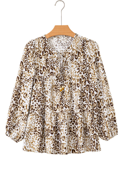 Chic Women's Khaki Leopard Print Long Sleeve Blouse with Beaded V-Neck Tie - Perfect for Casual or Dressy Occasions