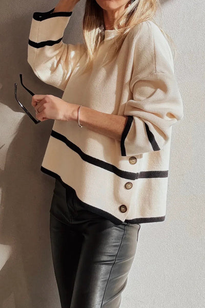 Beige Ribbed Knit Sweater for Women with Contrasting Stripes and Button Side Detail - Loose Fit, Cozy Style