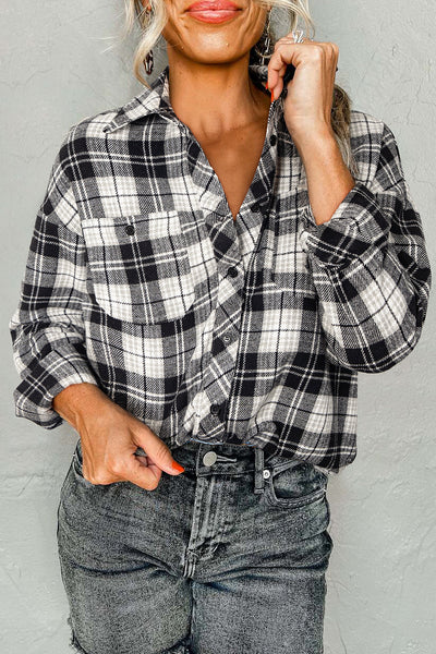 Trendy Women's Long Sleeve Black Plaid Button-Up Shirt - Casual Fit for Effortless Everyday Style