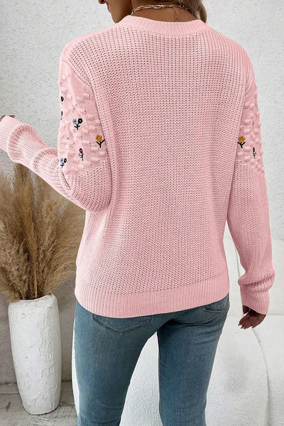 Light Pink Women's Casual Sweater with Textured Knit and Floral Embroidery Ideal for Everyday Chic Style