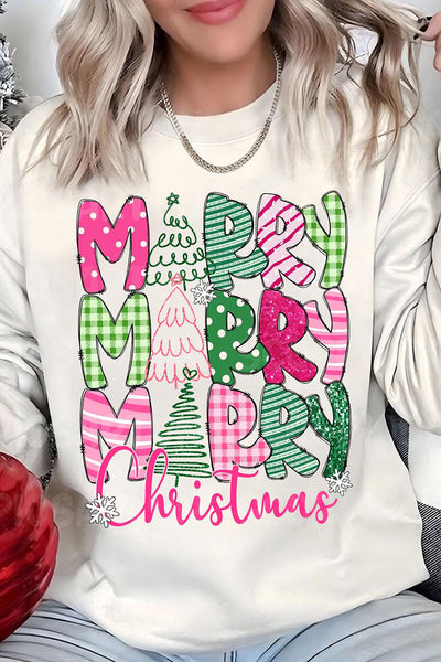 Women's Beige Merry Christmas Graphic Sweatshirt in Cotton Blend